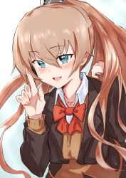 Rule 34 | 1girl, blazer, blue eyes, brown hair, brown jacket, cardigan, commentary request, dou tanuki, gradient background, highres, index finger raised, jacket, kantai collection, kumano (kancolle), long hair, one-hour drawing challenge, ponytail, red neckwear, school uniform, solo, upper body, white background