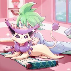 Rule 34 | 1boy, blush, cardigan, cat, closed mouth, commentary, creatures (company), delcatty, ffccll, game freak, gen 3 pokemon, green hair, green pants, grey cardigan, grey eyes, highres, indoors, lying, male focus, medium hair, nintendo, pants, pokemon, pokemon (creature), pokemon oras, shirt, shoes, smile, sparkle, symbol-only commentary, wally (pokemon), white footwear, window