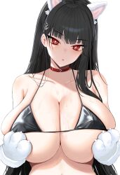 Rule 34 | 1girl, absurdres, alternate costume, animal ears, animal hands, bikini, bikini top only, black bikini, black hair, blue archive, blush, breasts, cat ears, cat girl, choker, cleavage, collar, commentary, covered erect nipples, dripping, gloves, grabbing own breast, highres, huge breasts, looking at viewer, micro bikini, paw gloves, red eyes, rio (blue archive), sideboob, simple background, solo, sweat, sweatdrop, swimsuit, tongtangtong, underboob, upper body, wet, white background