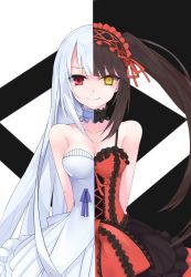 Rule 34 | 10s, 1girl, absurdres, amen, arms behind back, bare shoulders, black hair, black neckwear, breasts, choker, cleavage, clock eyes, collarbone, commentary request, corset, cowboy shot, date a live, dress, empty (date a live), eyes visible through hair, frilled dress, frilled hairband, frills, hairband, heterochromia, highres, lolita fashion, lolita hairband, long hair, looking at viewer, medium breasts, red eyes, ribbon choker, simple background, smile, solo, spaghetti strap, split theme, straight hair, strapless, strapless dress, swept bangs, symbol-shaped pupils, tokisaki kurumi, twintails, very long hair, white choker, white dress, white hair, yellow eyes