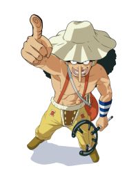 Rule 34 | 1boy, armband, bag, black hair, hat, headphones, highres, male focus, one piece, slingshot (weapon), solo, standing, suspenders, transparent background, usopp, weapon