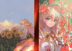 Rule 34 | 1girl, blonde hair, breasts, cloud, coat, flower, green eyes, hair between eyes, hair flower, hair ornament, holding, hololive, large breasts, long hair, looking at viewer, looking away, momosuzu nene, nakashima (pluscolor), neck bell, open mouth, outdoors, shooting star, skirt, solo, standing, sunflower, virtual youtuber