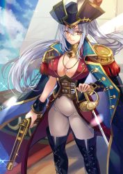Rule 34 | azur lane, blouse, boots, breasts, commission, cosplay, cowboy shot, drake (azur lane), epaulettes, fate/extra, fate/grand order, fate (series), francis drake (fate), francis drake (third ascension) (fate), francis drake (third ascension) (fate) (cosplay), grey hair, hat, highres, jacket, jacket on shoulders, large breasts, long hair, name connection, open clothes, open shirt, pants, pirate, pirate hat, ponytail, sagta panggang, shirt, thigh boots, thighhighs, yellow eyes