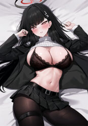 Rule 34 | 1girl, black hair, black pantyhose, black skirt, blue archive, blush, breasts, clothes lift, hair ornament, hairclip, halo, highres, hyouhyou sub, large breasts, long hair, pantyhose, pleated skirt, red eyes, rio (blue archive), skirt, sweater, sweater lift, thigh strap, turtleneck, turtleneck sweater