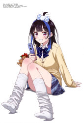 Rule 34 | 1girl, absurdres, arm support, artist request, black hair, blue skirt, blush, bow, cardigan, cellphone, cellphone charm, charm (object), collared shirt, grin, hair bow, highres, holding, holding phone, kanojo okarishimasu, knees together feet apart, legs, long hair, long sleeves, loose socks, megami magazine, no shoes, official art, phone, plaid, plaid skirt, pleated skirt, red eyes, scan, school uniform, shirt, simple background, sitting, skirt, smile, socks, soles, solo, stuffed animal, stuffed toy, sweater, teddy bear, white background, white shirt, white socks, yaemori mini