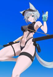 Rule 34 | 1girl, :d, animal ear fluff, animal ears, arm strap, bare shoulders, between breasts, black gloves, black leotard, blue background, blue eyes, breasts, buckle, covered navel, cup, drink, drinking glass, fingerless gloves, food, fruit, gloves, gradient background, grey hair, hair ornament, hairclip, highres, holding, holding cup, impossible clothes, impossible leotard, large breasts, leg up, lemon, lemon slice, leotard, looking at viewer, navel, open mouth, original, parted lips, see-through, short hair, smile, solo, standing, standing on one leg, tail, thigh strap, tsukira (amayadori)