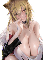Rule 34 | 1girl, animal ears, areola slip, arknights, bad id, bad pixiv id, bare shoulders, black choker, black jacket, blonde hair, breasts, choker, cleavage, closed mouth, collarbone, commentary request, eichi (yashokuya), eyes visible through hair, fur-trimmed jacket, fur trim, hair over one eye, highres, huge breasts, jacket, lion ears, lipstick, long hair, long sleeves, looking at viewer, makeup, pink lips, shirt, siege (arknights), simple background, solo, strap slip, white background, white shirt, yellow eyes