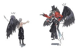 Rule 34 | 2boys, amamiya ren, arsene (persona 5), black hair, black wings, coat, feathered wings, final fantasy, final fantasy vii, fire, full body, gloves, hat, highres, long hair, male focus, multiple boys, nintendo, persona, persona 5, sephiroth, topless male, short hair, snapping fingers, super smash bros., top hat, trait connection, waistcoat, weapon, white background, white hair, wings, yourfreakyneighbourh