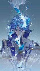 Rule 34 | 1boy, absurdres, air bubble, blue background, blue eyes, blue gloves, blue hair, blue theme, bubble, caustics, genshin impact, gloves, hair between eyes, hands up, highres, holding, holding sword, holding weapon, jacket, japanese clothes, kamisato ayato, long sleeves, looking at viewer, male focus, ribbon trim, sheath, solo, straight-on, submerged, sword, unsheathing, water, weapon, white jacket, xiao qiezi jiang
