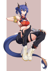 Rule 34 | 1girl, adapted costume, arknights, armlet, bare shoulders, blue hair, breasts, ch&#039;en (ageless afterglow) (arknights), ch&#039;en (arknights), chaps, chinese clothes, cleavage, cleavage cutout, clothing cutout, commentary request, crop top, dragon horns, dragon tail, hair bun, high heels, highres, horns, long hair, looking at viewer, medium breasts, midriff, navel, peppsi (saba sabasuk0), red eyes, shoes, sleeveless, sneakers, solo, stomach, tail, thigh strap, thighs, white footwear