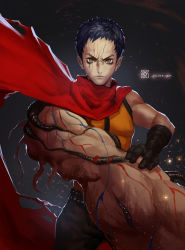 Rule 34 | 1boy, artist name, black gloves, brown eyes, cape, cyberpunk, deformed, frown, gloves, highres, k9999, looking at viewer, male focus, science fiction, short hair, snk, solo, spiked hair, the king of fighters, xiaoguimist