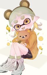 Rule 34 | 1girl, absurdres, bike shorts, commentary, earrings, fang, food, fruit, full body, green hair, green socks, high tops, highres, holding, holding stuffed toy, inkling, inkling girl, inkling player character, jewelry, lemon, medium hair, mori (spmoiy), nintendo, open mouth, pointy ears, shoes, simple background, smile, sneakers, socks, solo, splatoon (series), splatoon 3, stuffed animal, stuffed toy, teddy bear, tentacle hair, thick eyebrows, white background, white footwear, yellow eyes