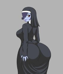 Rule 34 | 1girl, ass, blue skin, blush, breasts, fibilis, from behind, grey background, habit, highres, huge ass, looking back, nun, red eyes, skullgirls, solo, squigly (skullgirls), tongue, tongue out, veil, wide hips, zombie