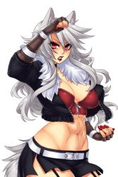 Rule 34 | 1girl, abs, animal ears, belt, blocking, breasts, cleavage, crescentia fortuna, deathblight, deathblight rpg, ferania (deathblight), fighting stance, fingerless gloves, fingernails, game cg, gloves, jacket, large breasts, lips, lipstick, long fingernails, long hair, looking at viewer, lowres, makeup, midriff, miniskirt, nail polish, navel, red eyes, skirt, solo, standing, tail, tank top, thighhighs, white hair, wolf girl, zettai ryouiki, zipper