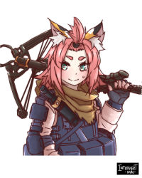 Rule 34 | 1girl, 3:, alternate costume, animal ear fluff, animal ears, bangs pinned back, black gloves, bow (weapon), bowgun, brown scarf, bulletproof vest, cat ears, commentary request, compound bow, diona (genshin impact), fingerless gloves, genshin impact, gloves, green eyes, highres, introvert-kun, jumpsuit, looking at viewer, over shoulder, pink hair, pink jumpsuit, pocket, scarf, short hair, sidelocks, simple background, solo, sweat, thick eyebrows, weapon, weapon over shoulder, white background