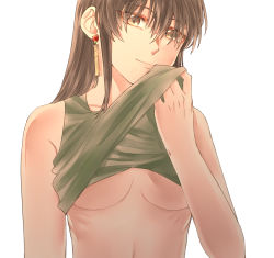 Rule 34 | 1girl, bai lao shu, breasts, brown eyes, brown hair, clothes lift, earrings, fire emblem, green tank top, highres, jewelry, large breasts, long hair, mareeta (fire emblem), nintendo, shirt lift, sidelocks, smile, tank top, upper body, white background