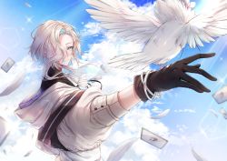 Rule 34 | 1boy, arm up, ascot, bird, black gloves, black shirt, blonde hair, blue eyes, blue hair, blue sky, blurry, bracelet, card, closed mouth, cloud, day, depth of field, dove, falling feathers, feathers, floating card, floating hair, gloves, hair intakes, hair over one eye, highres, holostars, hood, hood down, hooded jacket, jacket, jewelry, jyako (utsugi uyu), lens flare, light rays, long sleeves, looking at viewer, looking back, male focus, medium hair, multicolored hair, one eye covered, opal (opalkuji), outdoors, outstretched arm, parted bangs, puffy sleeves, red hair, shirt, sidelocks, sky, sleeves rolled up, smile, solo, streaked hair, sunlight, swept bangs, turtleneck, upper body, utsugi uyu, virtual youtuber, white ascot, white jacket