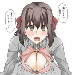 Rule 34 | 1girl, blush, bra, breasts, brown eyes, brown hair, cleavage, elf (stroll in the woods), girls und panzer, gym uniform, headband, jacket, kondou taeko, large breasts, looking at viewer, lower teeth only, open clothes, open mouth, open shirt, short hair, simple background, solo, speech bubble, teeth, track jacket, translation request, underwear, white background, white bra