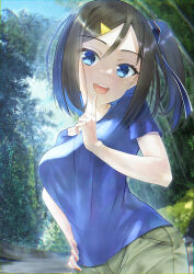 Rule 34 | 1girl, blue eyes, breasts, brown hair, curvy, gokukoku no brynhildr, hand on own hip, highres, index finger raised, large breasts, looking at viewer, medium hair, open mouth, shirt, shorts, side ponytail, smile, solo, wakabayashi hatsuna