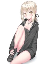 Rule 34 | 1girl, artoria pendragon (all), artoria pendragon (fate), black ribbon, blonde hair, blush, breasts, cleavage, collarbone, fate/grand order, fate (series), hair ribbon, highres, jewelry, long sleeves, looking at viewer, mysterious heroine x alter (fate), necklace, reinama, ribbon, saber (fate), shoes, sitting, small breasts, sneakers, solo, yellow eyes