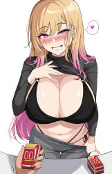 Rule 34 | 1girl, barbell piercing, black bra, black panties, black pants, black shirt, blonde hair, bra, breasts, buying condoms, clothes lift, clothes pull, colored tips, condom box, ear piercing, earrings, gradient hair, heart, hella p, highres, industrial piercing, jewelry, kitagawa marin, large breasts, lifting own clothes, long hair, long sleeves, multi-strapped panties, multicolored hair, navel, okamoto condoms, panties, pants, pants pull, piercing, pulling own clothes, purple eyes, purple hair, shirt, shirt lift, smile, solo focus, sono bisque doll wa koi wo suru, spoken heart, swept bangs, underwear