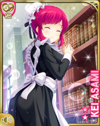 Rule 34 | 1girl, apron, asami kei, black dress, bookcase, character name, closed eyes, closed mouth, day, dress, duster, feather duster, girlfriend (kari), indoors, maid apron, maid headdress, mansion, official art, pink eyes, pink hair, ponytail, qp:flapper, shirt, smile, solo, tagme, white apron, white headwear