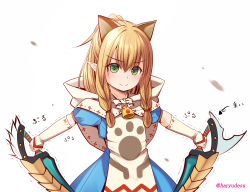 Rule 34 | &gt;:), 1girl, animal ears, arm guards, arrow (symbol), blue dress, capelet, cat ears, closed mouth, commentary request, dress, dual wielding, green eyes, hair between eyes, haryuu (poetto), holding, holding sword, holding weapon, hood, hood down, hooded capelet, long hair, looking at viewer, meowstress, monster hunter (series), ponytail, puffy short sleeves, puffy sleeves, short sleeves, simple background, smile, solo, sword, translation request, trembling, twitter username, v-shaped eyebrows, weapon, white background, white capelet
