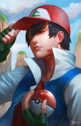 Rule 34 | 1boy, 2016, artist name, ash ketchum, baseball cap, black hair, cloud, collarbone, commentary, creatures (company), day, fingerless gloves, from side, game freak, gloves, green gloves, hair between eyes, hand on headwear, hat, male focus, nintendo, nopeys, outdoors, poke ball, poke ball (basic), pokemon, pokemon (anime), pokemon (classic anime), realistic, red eyes, red shirt, shirt, short hair, sky, solo, upper body