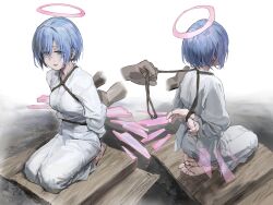 Rule 34 | 1girl, a tea, arknights, arms behind back, bdsm, blue hair, bondage, bound, breasts, detached wings, disembodied limb, energy wings, full body, halo, highres, how to, japanese clothes, looking at viewer, medium breasts, multiple views, seiza, shibari, short hair, sitting, spuria (arknights), wings, yellow eyes