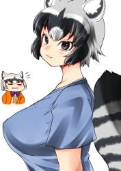 Rule 34 | 2girls, alternate hair length, alternate hairstyle, animal ear fluff, animal ears, arms at sides, black hair, blue shirt, bow, bowtie, breasts, brown eyes, chibi, closed eyes, collarbone, common raccoon (kemono friends), crab-eating raccoon (kemono friends), cropped torso, eyelashes, facing another, fangs, from side, grey hair, highres, isna (footprintsofisna), kemono friends, large breasts, lips, looking at viewer, multicolored hair, multiple girls, raccoon ears, raccoon girl, raccoon tail, shirt, short hair, short sleeves, simple background, smile, tail, tented shirt, upper body, white background, white hair