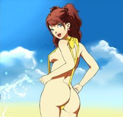Rule 34 | 1girl, artist request, ass, backboob, bare shoulders, breasts, brown hair, butt crack, cloud, earrings, from behind, grey eyes, jewelry, kujikawa rise, long hair, looking at viewer, looking back, medium breasts, megami tensei, one-piece swimsuit, open mouth, persona, persona 4, shin megami tensei, sideboob, sky, slingshot swimsuit, smile, solo, strap gap, sunbeam (artist), swimsuit, twintails, two side up, yellow one-piece swimsuit