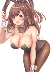 Rule 34 | adjusting clothes, adjusting headwear, animal ears, bare shoulders, bent over, bow, bowtie, breasts, brown eyes, brown hair, brown leotard, brown pantyhose, cleavage, collarbone, cowboy shot, detached collar, fake animal ears, fake tail, gatchapowa, hanging breasts, idolmaster, idolmaster shiny colors, large breasts, leotard, looking at viewer, open mouth, pantyhose, playboy bunny, ponytail, rabbit ears, rabbit tail, simple background, smile, solo, strapless, strapless leotard, tail, tareme, tsukioka kogane, white background, wrist cuffs