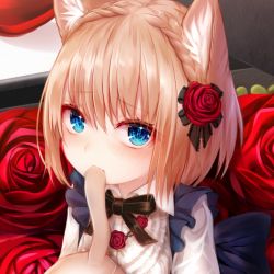 Rule 34 | 1girl, animal, animal ears, bad id, bad twitter id, biting, blonde hair, blue eyes, cat, cat ears, cat tail, fang, fang out, flower, hair flower, hair ornament, mouth hold, original, rose, short hair, sukemyon, tail, tail biting