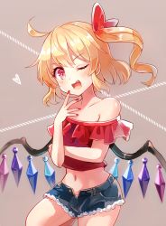 Rule 34 | 1girl, 60mai, ;d, ahoge, alternate costume, bare shoulders, blonde hair, blush, bow, brown background, collarbone, commentary request, cowboy shot, crop top, crystal, cutoffs, denim, denim shorts, fang, flandre scarlet, frills, hair bow, hand up, heart, leg up, looking at viewer, midriff, nail polish, navel, no headwear, off-shoulder shirt, off shoulder, one eye closed, one side up, open mouth, red bow, red eyes, red nails, red shirt, shirt, short hair, short shorts, short sleeves, shorts, simple background, smile, solo, standing, standing on one leg, stomach, thighs, touhou, wings