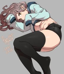 Rule 34 | 1girl, 2021, agawa ryou, artist name, black thighhighs, breasts, brown eyes, brown hair, commentary, dated, english commentary, grey background, large breasts, long hair, original, short shorts, shorts, signature, simple background, solo, thighhighs, thighs, underboob