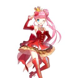Rule 34 | 1girl, akane garnet, aqua eyes, boots, crown, detached sleeves, eyebrows, flower, hair flower, hair ornament, high heels, highres, long hair, looking at viewer, official art, one eye closed, open mouth, pink hair, red footwear, red thighhighs, salt (salty), salute, side ponytail, solo, thigh boots, thighhighs, transparent background, uchi no hime-sama ga ichiban kawaii