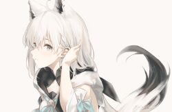 Rule 34 | 1girl, absurdres, ahoge, animal ear fluff, animal ears, black ribbon, blue eyes, blue neckerchief, braid, commentary, detached sleeves, earrings, expressionless, extra ears, fox ears, fox girl, fox tail, from side, hair between eyes, hair ribbon, hand on own ear, highres, hololive, hood, hoodie, jewelry, kyoko (zeprii4), long hair, looking at viewer, low ponytail, neckerchief, pentagram, ribbon, shirakami fubuki, shirakami fubuki (1st costume), side braid, sidelocks, signature, simple background, single earring, solo, symbol-only commentary, tail, virtual youtuber, white background, white hair, white hoodie, white sleeves, wide sleeves