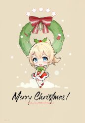 Rule 34 | 1girl, absurdres, bell, blonde hair, blue eyes, blush, bow, chibi, dress, full body, fur-trimmed dress, fur trim, green bow, hana mori, highres, hololive, kazama iroha, looking at viewer, merry christmas, open mouth, ponytail, red bow, red dress, scan, solo, strapless, strapless dress, virtual youtuber