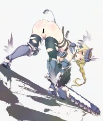 Rule 34 | 10s, 1girl, absurdres, again, alternate hair color, armor, ass, bent over, black thighhighs, blonde hair, blush, boots, censored, female focus, from behind, highres, long hair, looking back, mirim, one eye closed, open mouth, pussy, queen&#039;s blade, queen&#039;s blade rebellion, shield, solo, standing, sword, thighhighs, torn clothes, weapon, wince, wink