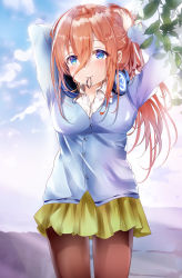 Rule 34 | 1girl, absurdres, arms up, bad id, bad pixiv id, blue cardigan, blue eyes, blue sky, blush, breasts, brown hair, brown pantyhose, cardigan, closed mouth, cloud, collared shirt, commentary request, day, go-toubun no hanayome, green skirt, hair between eyes, hair tie, hair tie in mouth, head tilt, headphones, headphones around neck, highres, long hair, long sleeves, looking at viewer, medium breasts, mouth hold, mutang, nakano miku, outdoors, pantyhose, pleated skirt, school uniform, shirt, skirt, sky, smile, solo, tying hair, very long hair, white shirt