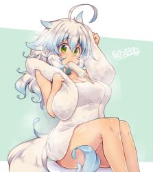 Rule 34 | 10s, 1girl, 2016, ahoge, arm up, bare legs, bare shoulders, blonde hair, blue hair, blush, breasts, character request, convenient censoring, dated, fang, fox tail, gradient hair, green background, green eyes, hand up, kuromiya, large breasts, long hair, looking at viewer, mouth hold, multicolored hair, naked towel, original, shiromiya asuka, sitting, solo, tail, tooth, towel, towel around neck