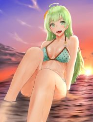 Rule 34 | 1girl, :d, ahoge, arm support, bikini, blush, breasts, evening, flower, foreshortening, green bikini, green eyes, green hair, hair flower, hair ornament, idolmaster, idolmaster million live!, idolmaster million live! theater days, kitagawa onitarou, long hair, looking at viewer, medium breasts, open mouth, outdoors, partially submerged, shimabara elena, sitting, smile, solo, sunset, swimsuit, wet