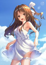 Rule 34 | 1girl, :d, bare shoulders, blue sky, blush, bow, breasts, brown eyes, brown hair, clothes lift, cloud, cowboy shot, day, dress, dress lift, duoyu zhuan qing, frills, hair bow, highres, idolmaster, idolmaster cinderella girls, bridal garter, lens flare, long hair, looking at viewer, medium breasts, open mouth, outdoors, see-through, see-through silhouette, shimamura uzuki, sidelocks, sky, sleeveless, sleeveless dress, smile, solo, standing, sundress