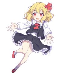 Rule 34 | 1girl, :d, absurdres, black skirt, black vest, blonde hair, blush, bobby socks, collared shirt, frilled shirt collar, frilled skirt, frills, full body, hair ribbon, highres, kaoling, long sleeves, looking at viewer, open mouth, outstretched arms, pleated skirt, red eyes, red footwear, red neckwear, red ribbon, ribbon, rumia, shirt, shoes, simple background, skirt, smile, socks, solo, touhou, vest, white background, white shirt, white socks