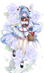 Rule 34 | 1girl, absurdres, ahoge, alternate costume, animal, animal on head, ankle ribbon, apron, arm strap, basket, bell, bird, bird on head, black dress, black footwear, blue bow, blue hair, blue nails, blush, bow, breasts, cowbell, crossed bangs, dress, floral background, flower, flower basket, flower in mouth, flower knot, framed breasts, full body, fur-trimmed dress, fur trim, ganyu (genshin impact), genshin impact, glint, goat horns, hair between eyes, hair bow, highres, holding, holding basket, horns, kneehighs, leg ribbon, light blue hair, long hair, long sleeves, looking at viewer, maid apron, medium breasts, miniskirt, nail polish, neck bell, on head, parted lips, petals, ponytail, purple eyes, purple flower, purple rose, red bow, ribbon, rose, shoes, sidelocks, simple background, skirt, skirt hold, smile, socks, solo, standing, thighs, ttorong, vision (genshin impact), white apron, white background, white skirt, white socks