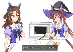 Rule 34 | animal ears, brown hair, commentary request, egg, hair ornament, hair rings, hat, highres, horse ears, horse girl, horse tail, king halo (umamusume), looking at viewer, oven, school uniform, simple background, sonoda 345, sweep tosho (umamusume), table, tail, tracen school uniform, translation request, twintails, umamusume, wand, white background, witch hat