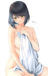 Rule 34 | 1girl, bare arms, bare legs, bare shoulders, black hair, blush, breasts, collarbone, eyebrows hidden by hair, genshin impact, hair between eyes, highres, kujou sara, large breasts, looking at viewer, mitsugu, nude, short hair, simple background, solo, white background, yellow eyes