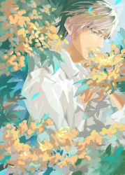 Rule 34 | 1boy, artist name, blonde hair, collared shirt, covered mouth, final fantasy, final fantasy xv, flower, glasses, grey eyes, hair between eyes, hinoe (dd works), ignis scientia, long sleeves, male focus, nature, outdoors, shirt, short hair, solo, upper body, white shirt, yellow flower