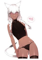 Rule 34 | 1girl, animal ears, arms behind back, bare shoulders, black thighhighs, braid, cat ears, cat tail, covered erect nipples, cowboy shot, dark-skinned female, dark skin, dated, final fantasy, final fantasy xiv, hair between eyes, highres, kurono yuu, leaning to the side, long hair, miqo&#039;te, navel, panties, parted lips, pink eyes, shiny skin, simple background, skindentation, slit pupils, solo, tail, thighhighs, turtleneck, underwear, warrior of light (ff14), white hair