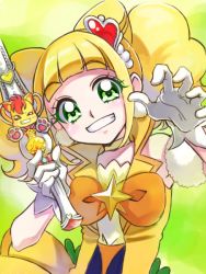Rule 34 | 1girl, blonde hair, blunt bangs, bow, brooch, choker, cone hair bun, cure sparkle, double bun, gloves, green background, green eyes, grin, hair bun, hair ornament, healin&#039; good precure, healing wand, heart, heart hair ornament, hiramitsu hinata, holding, holding wand, jewelry, looking at viewer, magical girl, mixed-language commentary, nekomaru, nyatoran (precure), orange bow, paw pose, precure, short hair, smile, solo, star brooch, twintails, upper body, wand, white gloves, yellow neckwear